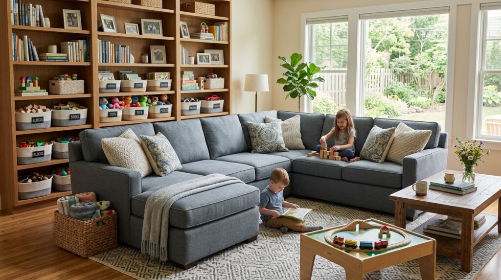 A stylish and comfortable sectional sofa placed in a bright, modern family living room setting.