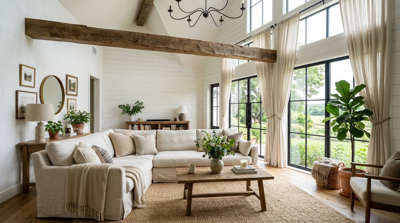 Bright living space with cream sectional sofa, wooden coffee table, and large black window frames.