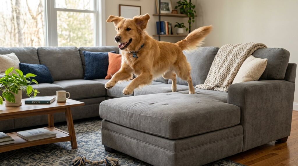 A stylish grey sectional sofa set in a bright, modern family living room space.