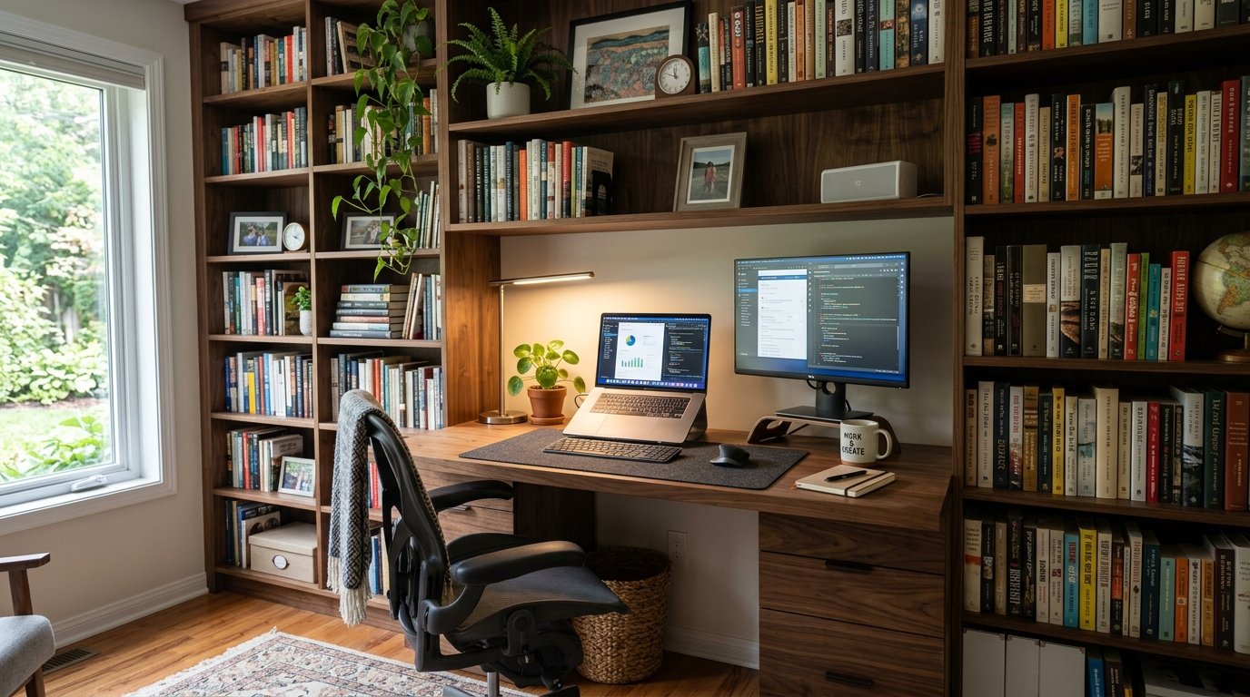 Laptop and monitor on a wooden desk surrounded by floor-to-ceiling bookshelves in a bright home office.