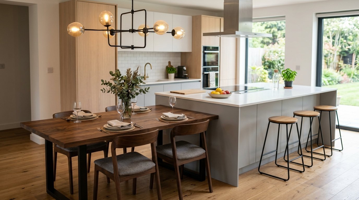 Spacious open plan kitchen featuring a wood dining table, grey island with bar stools, and a modern globe chandelier.