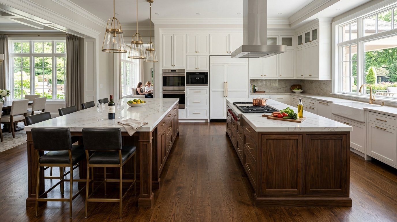 High-end kitchen with dark wood dual islands, white cabinetry, hardwood floors, and brass pendant lighting.