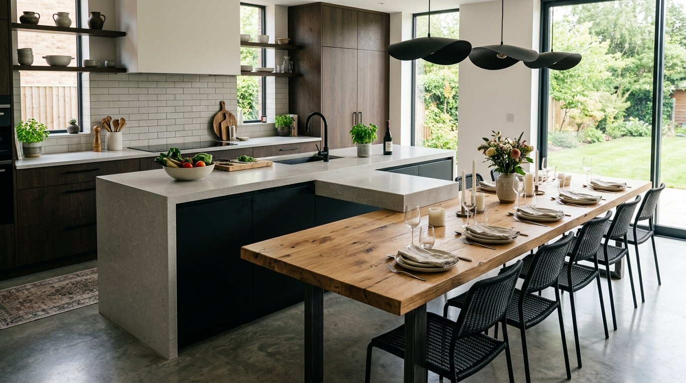 Spacious kitchen with a stone island attached to a long wooden table surrounded by black woven dining chairs.