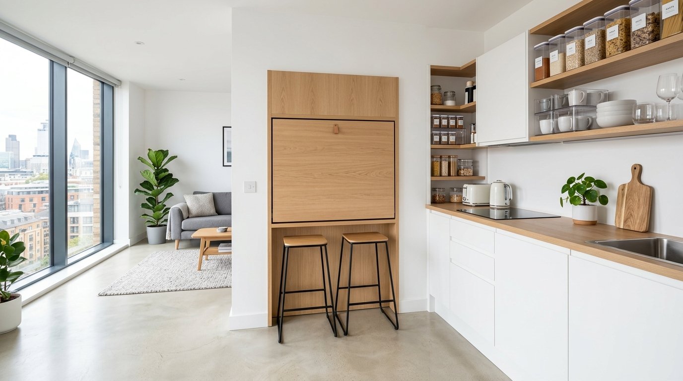 Bright kitchen with white cabinets, wood shelving, two bar stools, and a fold-away desk unit.