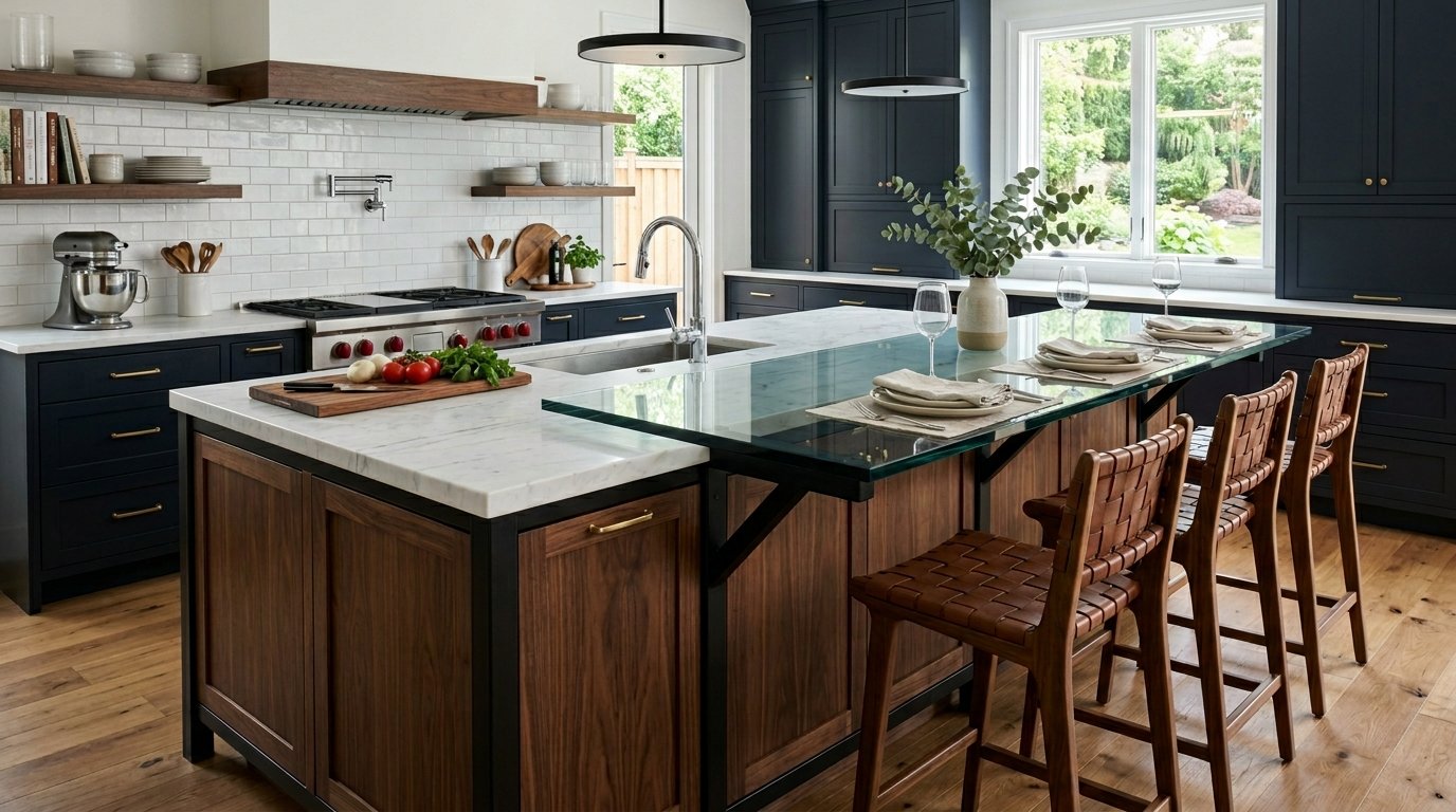 A kitchen island with a white marble counter and glass extension, surrounded by three brown woven leather bar stools.