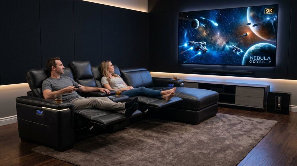 A stylish brown leather sectional sofa in a bright and inviting family living room space.