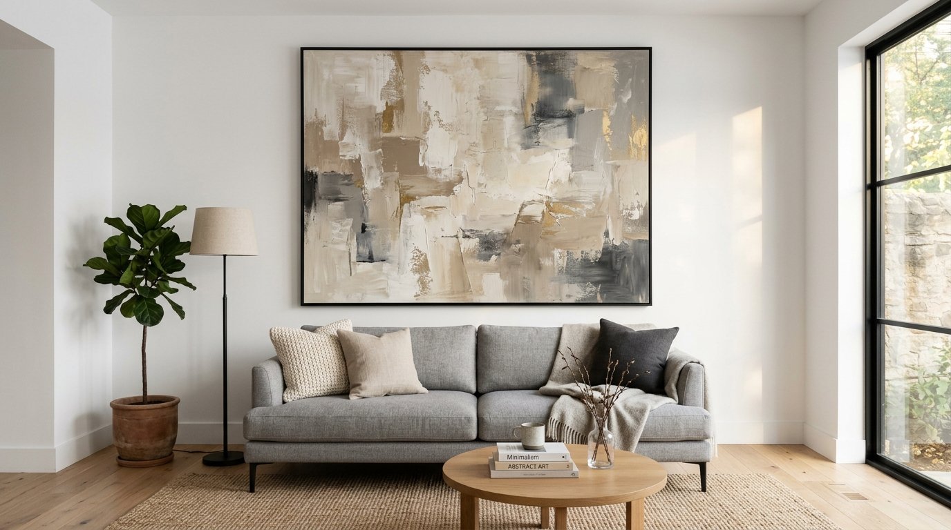 A beige and grey abstract canvas displayed over a contemporary couch next to a fiddle leaf fig tree.