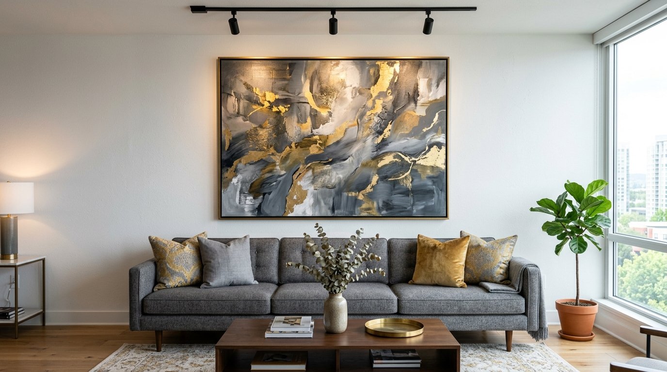 A grey fabric sofa sits below an oversized abstract painting with metallic gold and dark grey paint strokes.