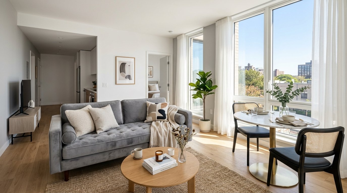 A light-filled apartment featuring a tufted grey couch, a round wooden coffee table, and a marble top bistro dining set.
