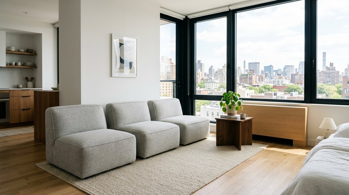 Three grey modular armchairs on a light rug in a sunny room with floor to ceiling city windows.