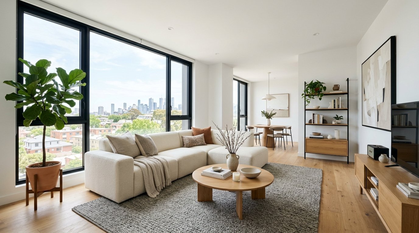 Modern apartment interior with white sofa, round wooden coffee table, and large window overlooking a city skyline.