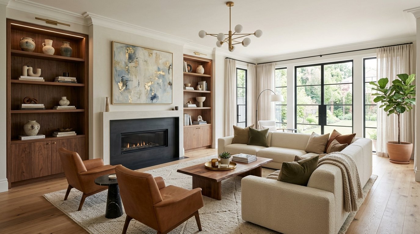 Contemporary living room featuring a fireplace, cream sofa, leather armchairs, and floor-to-ceiling windows.
