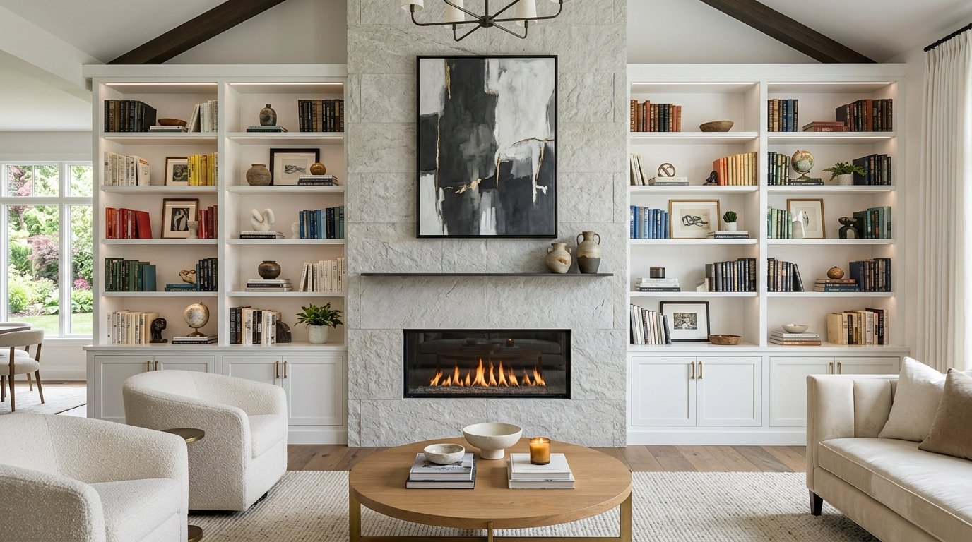 Bright living room with built-in white bookshelves, a central stone fireplace, and contemporary seating.