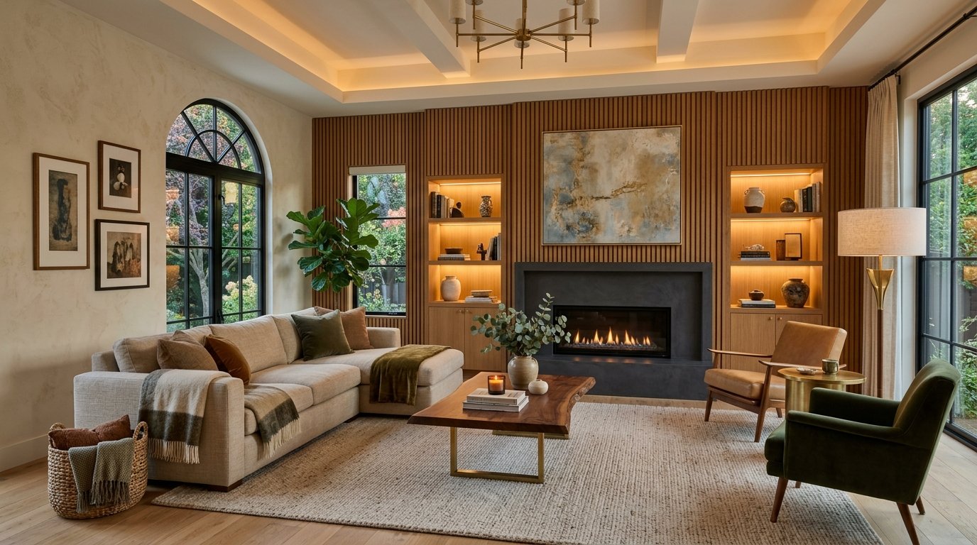 Spacious interior with an L-shaped sofa, wood slat walls, a fireplace, and large arched windows.