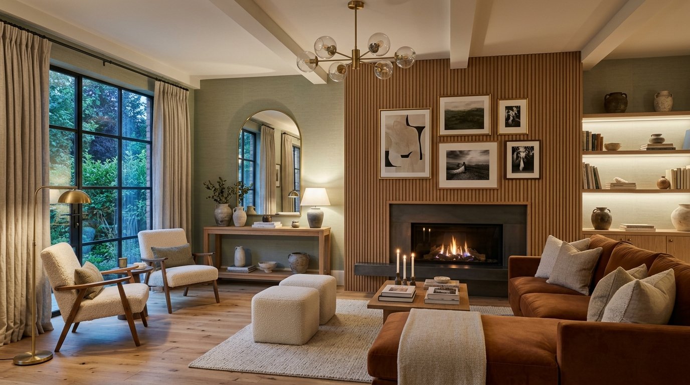 A warm living room with a lit fireplace, slatted wood wall, brown sectional, and boucle armchairs.