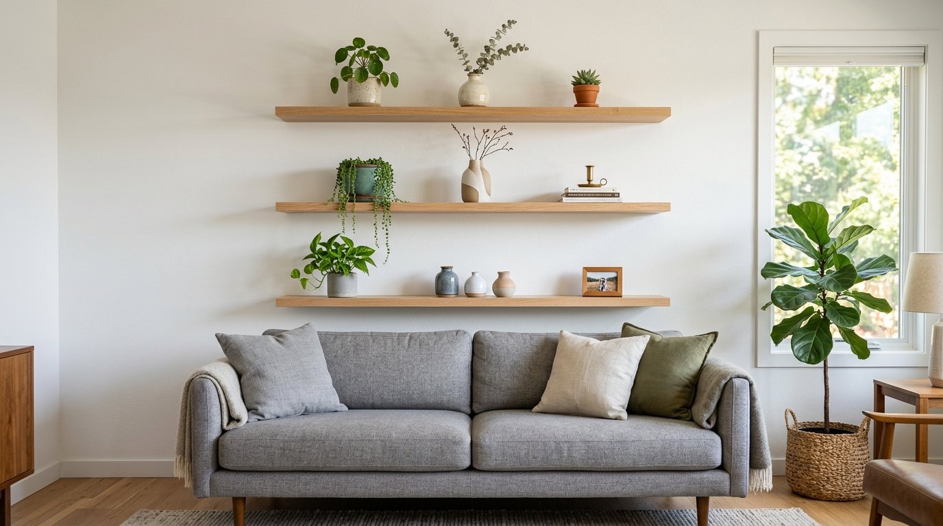 A grey couch sits below three wooden shelves adorned with indoor plants, vases, and a small picture frame.