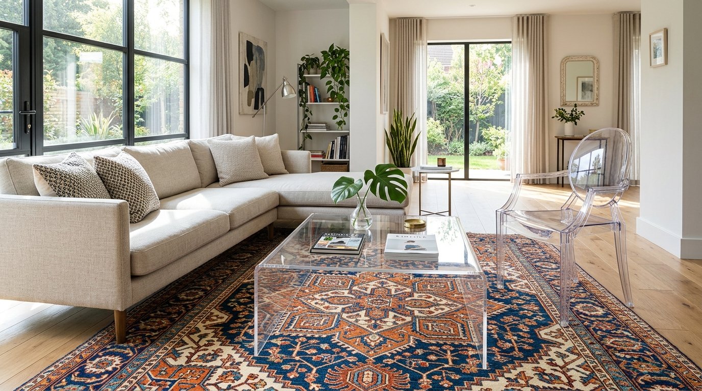 Contemporary living room with a beige sectional sofa, clear acrylic chair, and a vibrant blue and orange patterned rug.