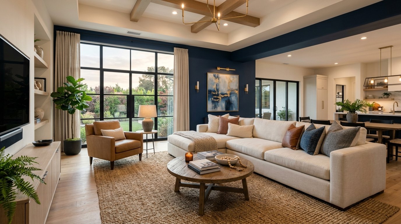 Spacious interior featuring a large cream sectional sofa, round coffee table, and dark blue accent wall with artwork.