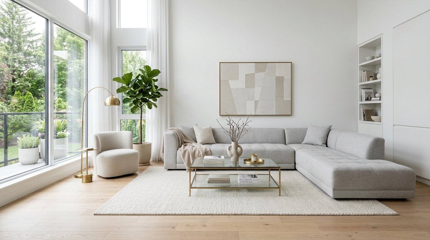 Bright, airy living area with a light grey sectional sofa, glass coffee table, and large fiddle leaf fig plant.