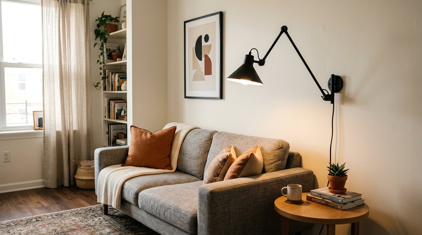 Grey couch with terracotta pillows next to a side table and black articulating wall lamp in a sunlit apartment.
