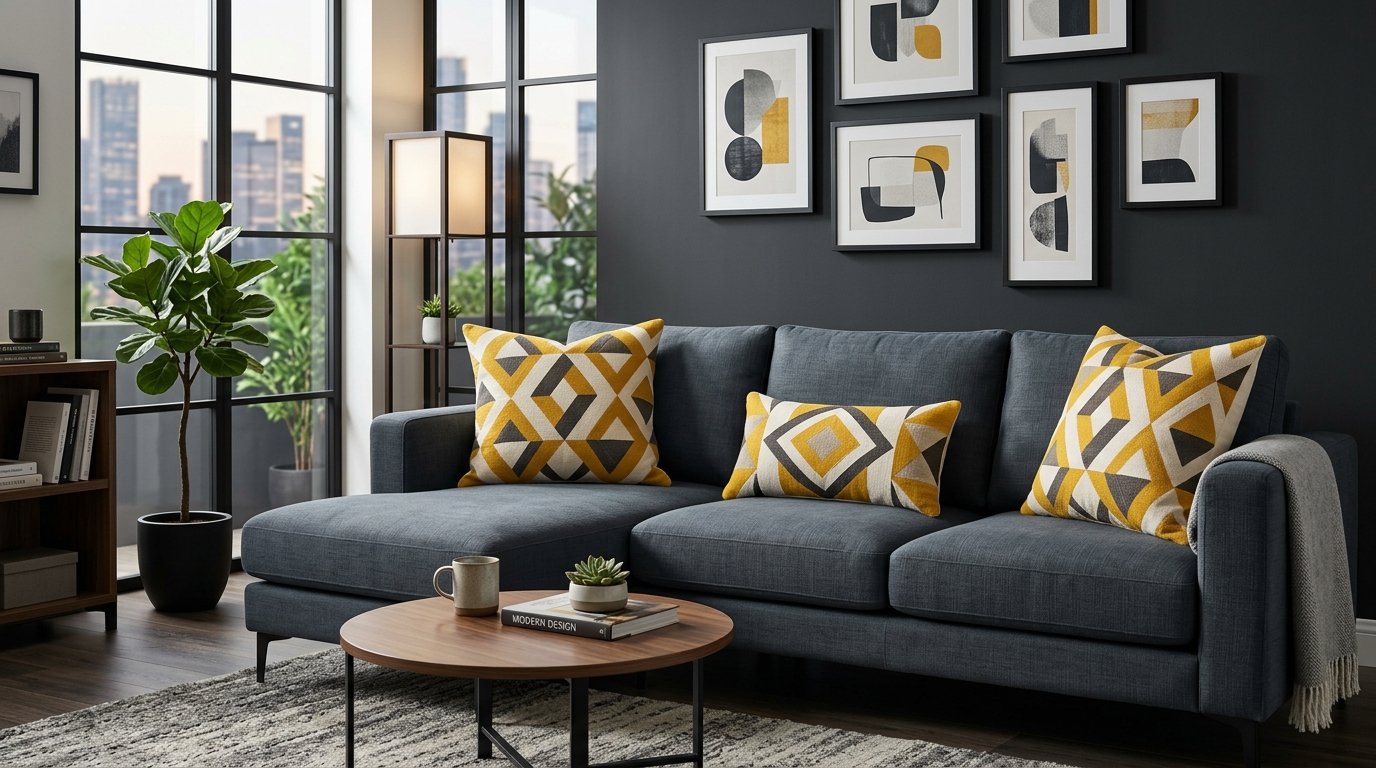 Contemporary charcoal fabric sectional couch with yellow triangular print cushions and a round wooden coffee table.