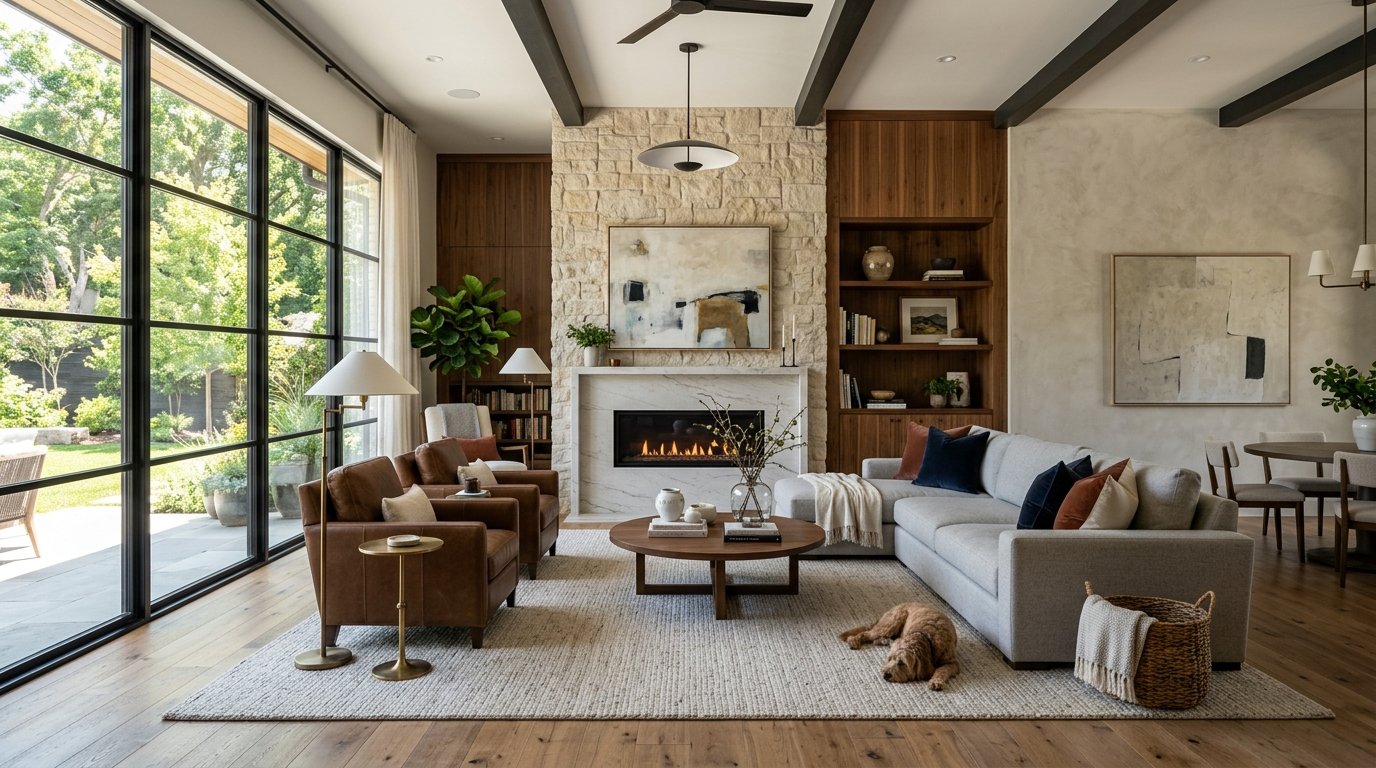 A sunlit living room with leather armchairs, a gray sectional sofa, and a golden retriever resting on a rug.