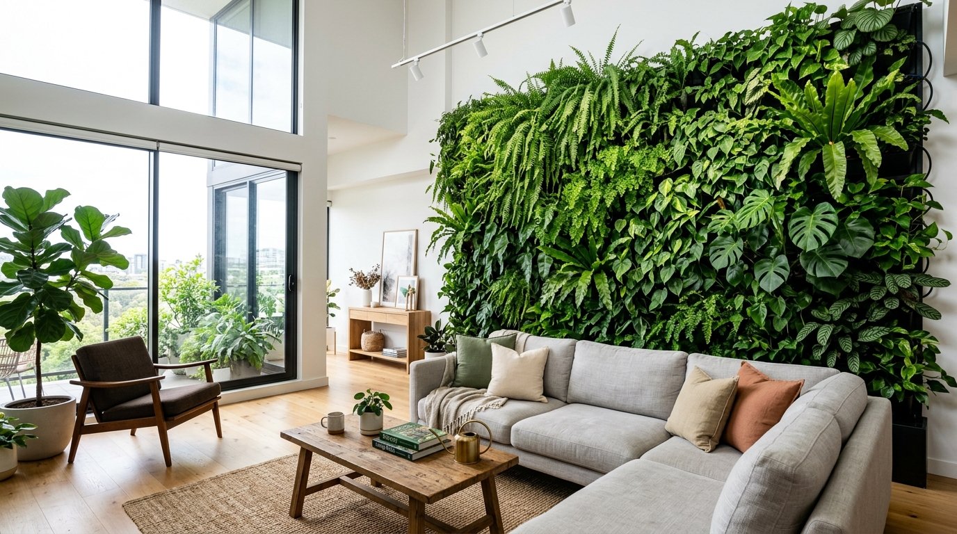Bright living space featuring a floor-to-ceiling plant wall, grey sectional sofa, and floor-to-ceiling windows.