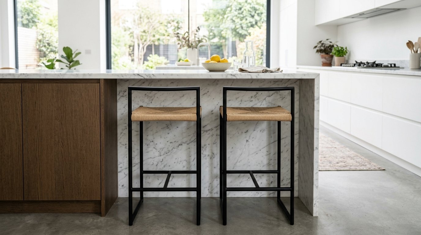Modern black metal stools with woven seats positioned against a white marble waterfall countertop in a bright kitchen.