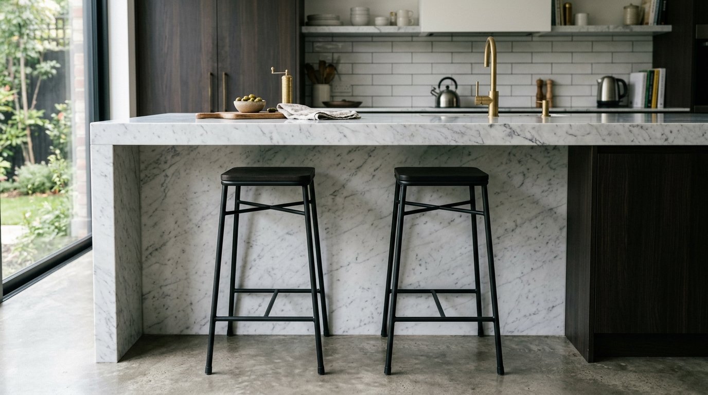 Sleek kitchen island with a stone waterfall edge, featuring two minimalist black bar stools on a concrete floor.