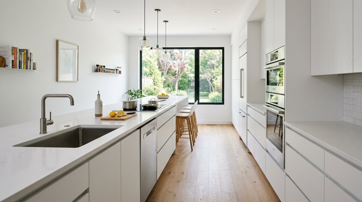 A sleek modern kitchen with white cabinets, light wood flooring, and a long island overlooking a green garden view.