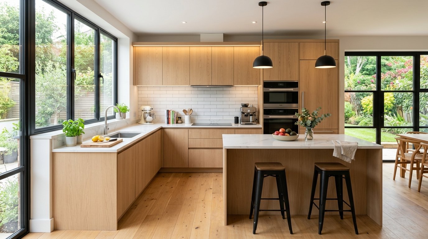 Spacious kitchen featuring light wood cabinetry, a white marble island, and black bar stools.