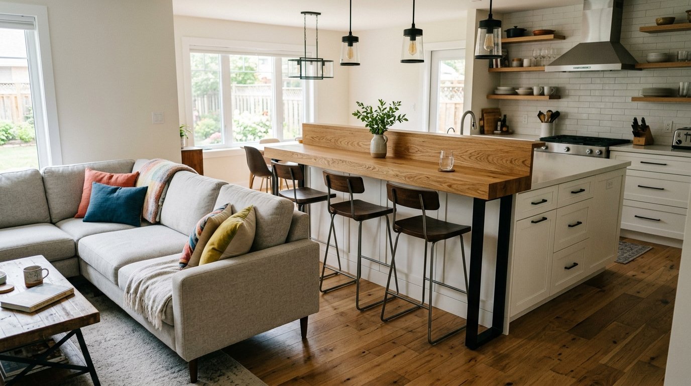 A modern kitchen island with wood countertop and stools adjacent to a grey sectional sofa in a bright home.