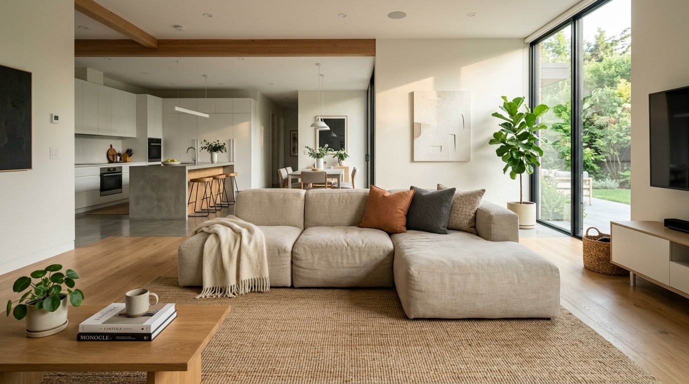 Bright living area with beige sectional, jute rug, and hardwood floors opening into a white modern kitchen.