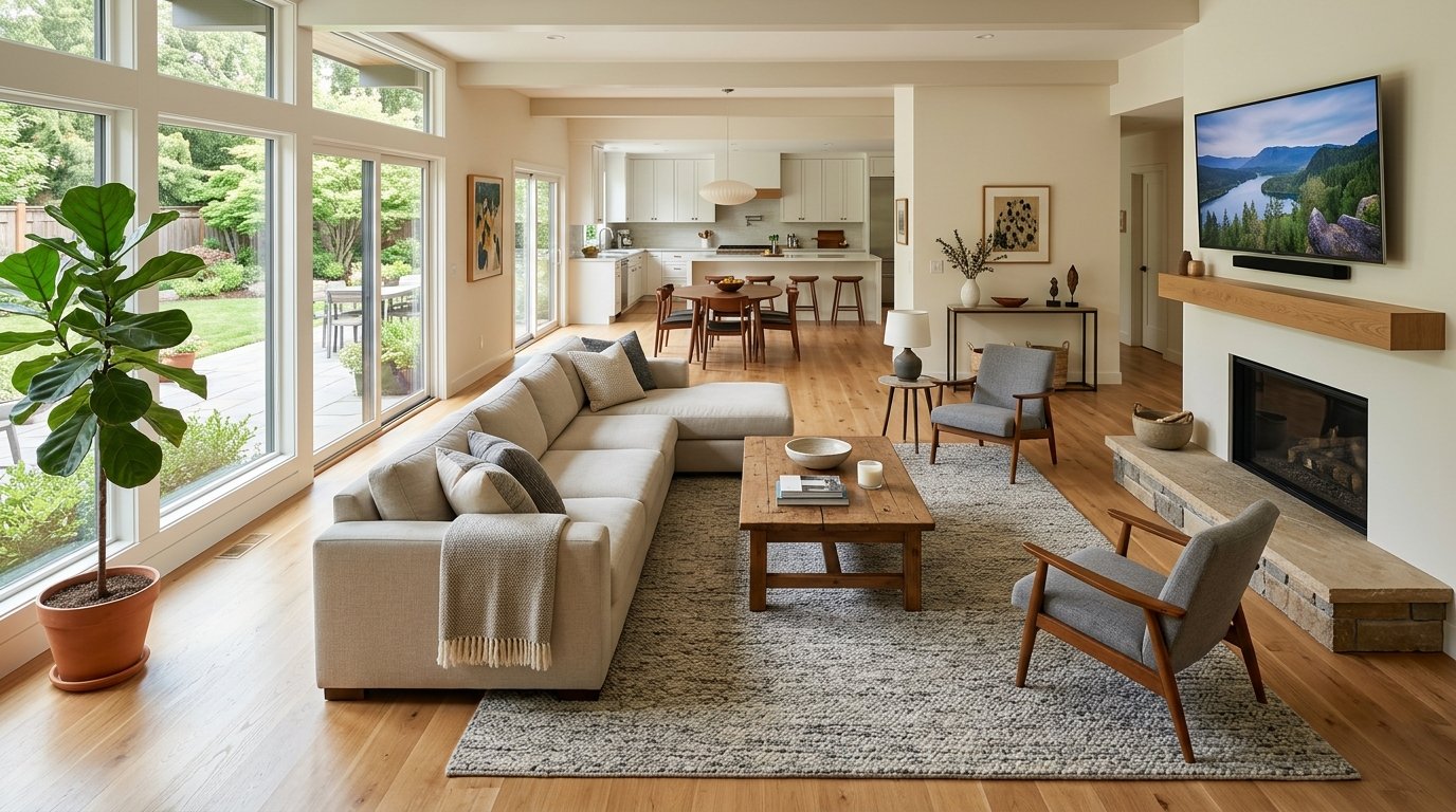 Bright, airy open floor plan with a cream sectional, wood coffee table, grey accent chairs, and a stone fireplace hearth.