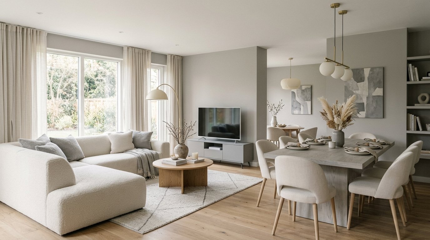 Spacious interior with neutral walls, white sectional, oak coffee table, and dining set with pampas grass centerpiece.