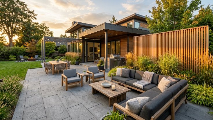 A modern home patio with a grey sectional, wooden chairs, and a dining set at sunset.