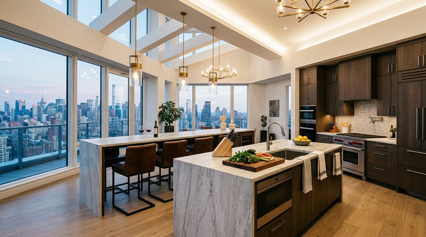 A modern kitchen with marble islands, brown bar stools, and floor-to-ceiling windows overlooking a city skyline.