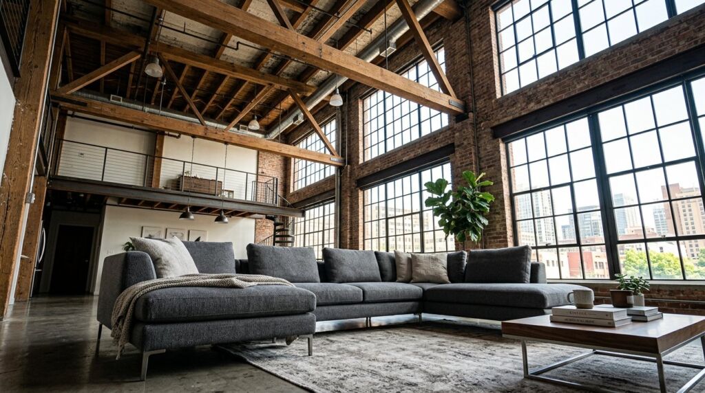 A sleek modern sectional sofa placed in a comfortable and spacious family living room layout.