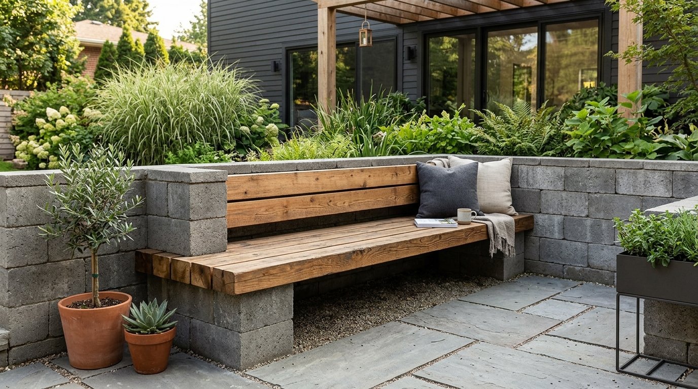 Rustic wood bench with pillows and a book on a stone patio in front of a dark gray house.