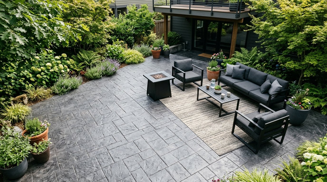 Top view of a stone-paved patio featuring a sofa set, fire pit, and potted plants near a house exterior.