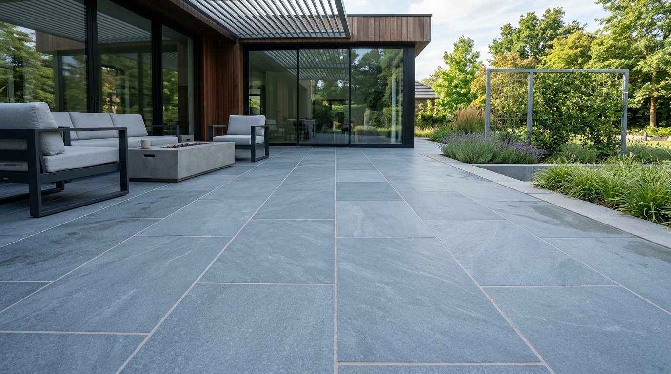 A sleek modern patio with large grey stone pavers, outdoor sofa, and garden views.