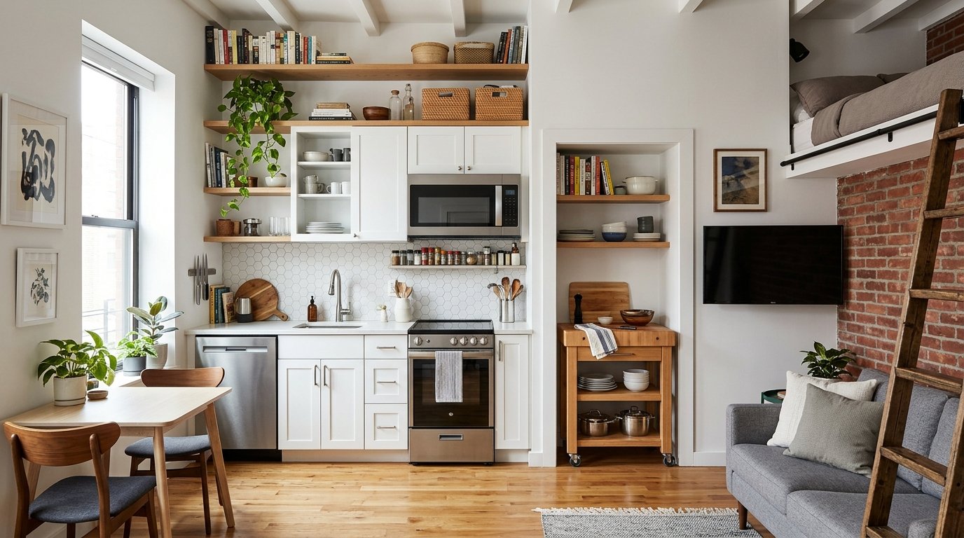 Small studio living space featuring white kitchen cabinets, wood floors, a brick accent wall, and a lofted bed.