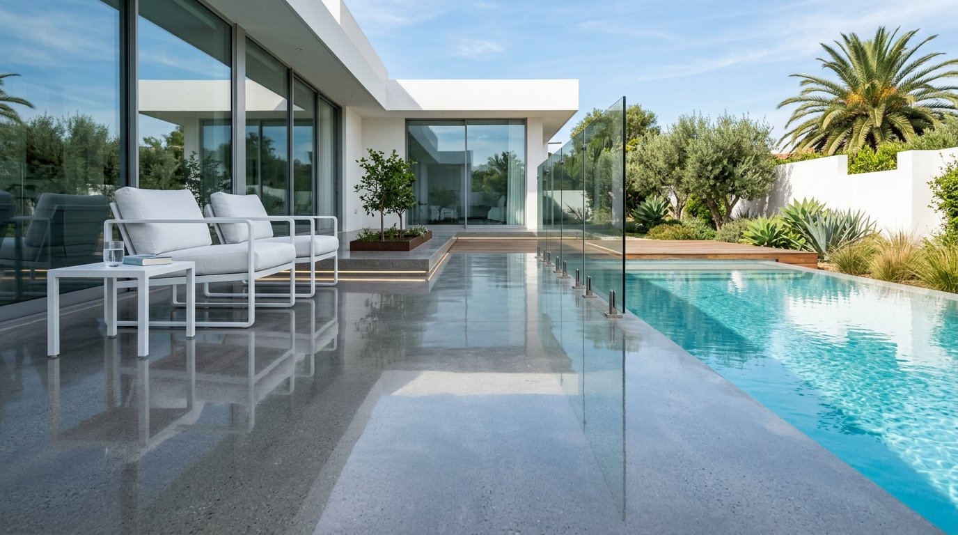 White patio chairs on a polished concrete deck next to a glass-fenced pool.