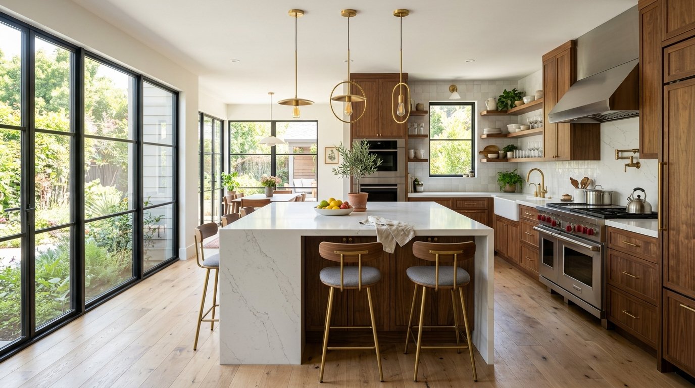 Spacious kitchen with a central island, grey bar stools, walnut cabinetry, and floor-to-ceiling windows.