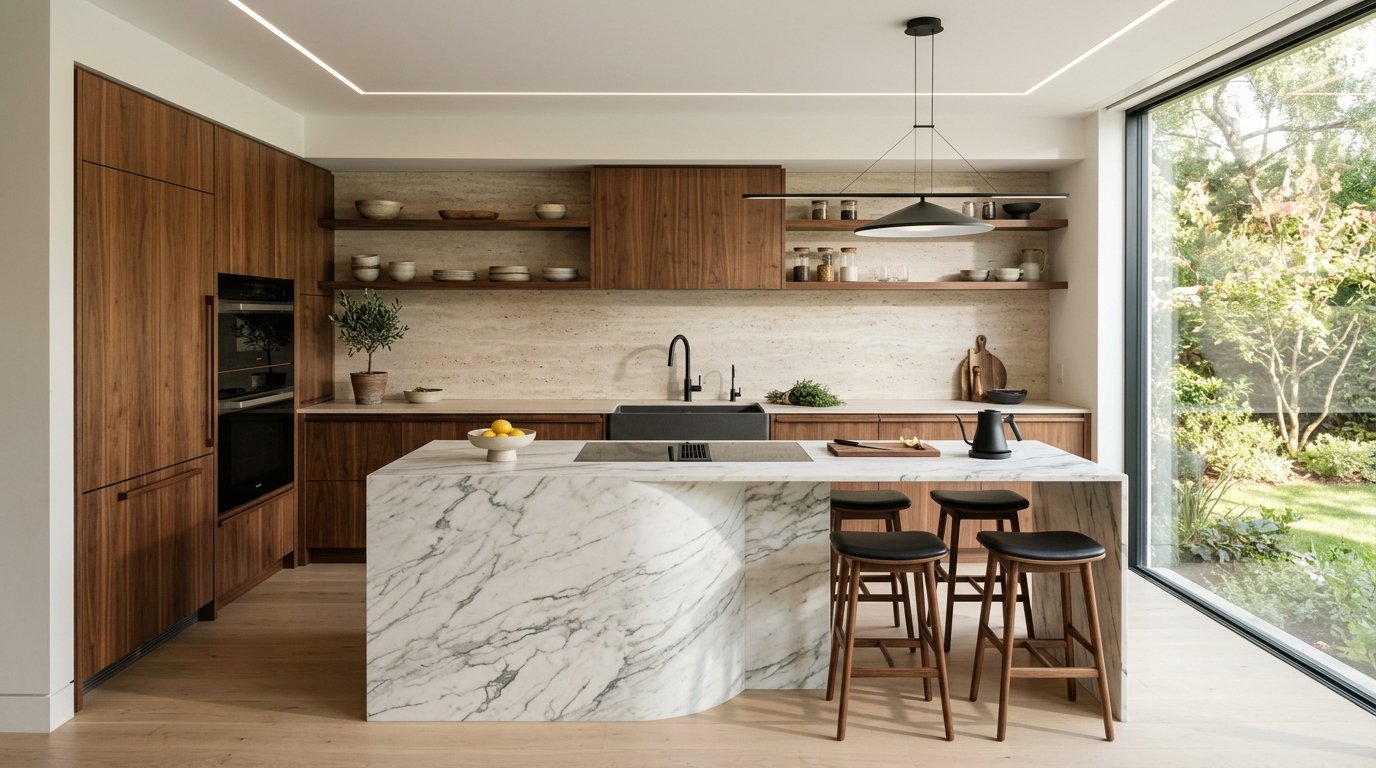 Modern kitchen with wood cabinets, marble waterfall island, black bar stools, and floor to ceiling windows.