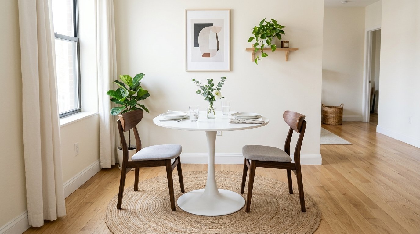 Round white table with wooden chairs on a jute rug in a bright, modern dining nook with potted greenery.