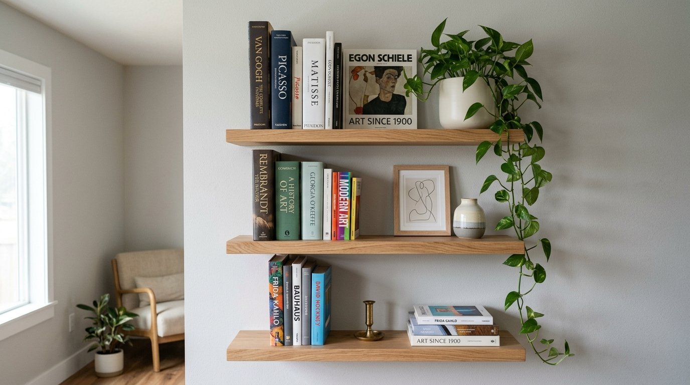 Wooden floating shelves mounted on a light wall, decorated with art history books, a framed line drawing, and trailing vines.