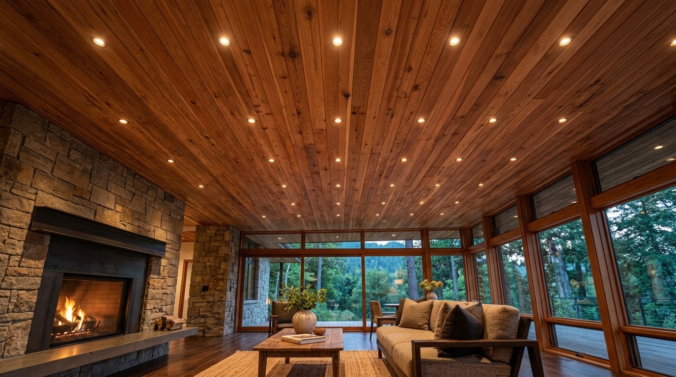 Spacious interior with natural wood plank ceiling, fireplace, and glass walls overlooking forest trees.