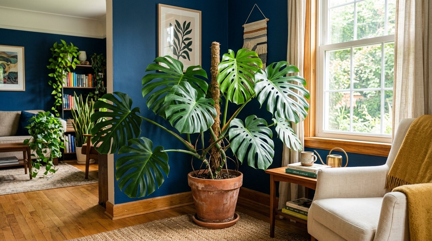 A large Swiss cheese plant with a moss pole sitting in a terracotta pot against a deep navy blue interior wall.