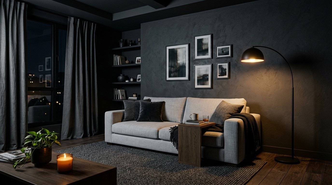 Contemporary living room with a light grey couch, arch floor lamp, and wall art in a dimly lit space.
